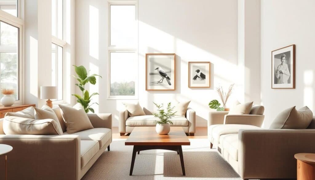 A serene and balanced interior space that conveys harmony and comfort. In the foreground, a cozy seating area with elegantly arranged furniture featuring soft, muted colors and natural textures. A stylish wooden coffee table holds a small potted plant, adding a touch of nature. In the middle, large windows let in bright natural light, casting soft shadows across the room, enhancing the airy feeling. In the background, tasteful art hangs on the walls, framed in minimalist styles, promoting a sense of calm. The overall atmosphere should feel inviting and peaceful, with a warm color palette that encourages relaxation and well-being, captured from a slightly elevated angle for a comprehensive view of the space.