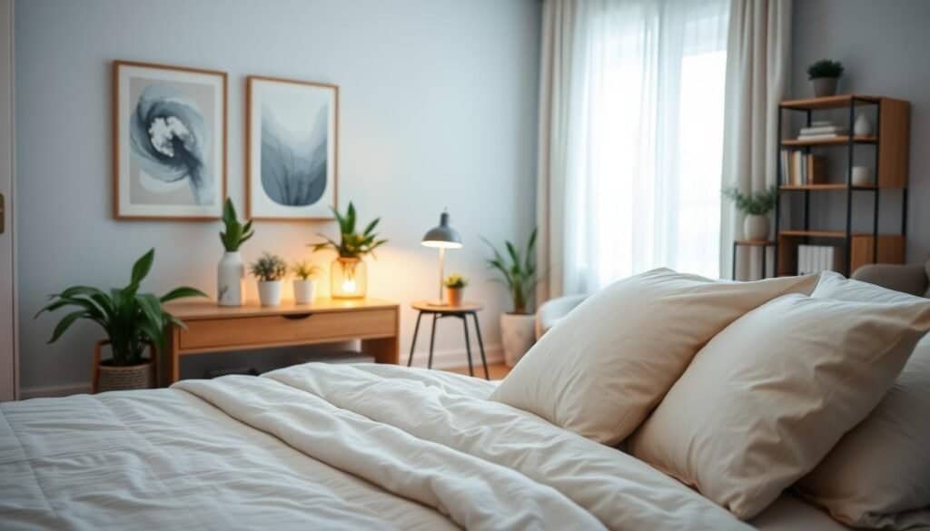 A serene and calming bedroom environment, featuring a cozy bed with soft, neutral-toned linens and fluffy pillows in the foreground. In the middle, a stylish wooden nightstand holds a glowing lamp casting warm, soft light, surrounded by potted plants for a touch of nature. The background showcases a soothing pale blue wall adorned with abstract art, and sheer curtains gently filtering bright, natural sunlight, creating an airy and peaceful atmosphere. The room is organized, clean and inviting, with a comfortable reading nook in the corner furnished with a plush chair and a small bookshelf. Capture this scene from a slight angle to emphasize depth and tranquility, ensuring the overall mood is restful and relaxing, perfect for winding down.