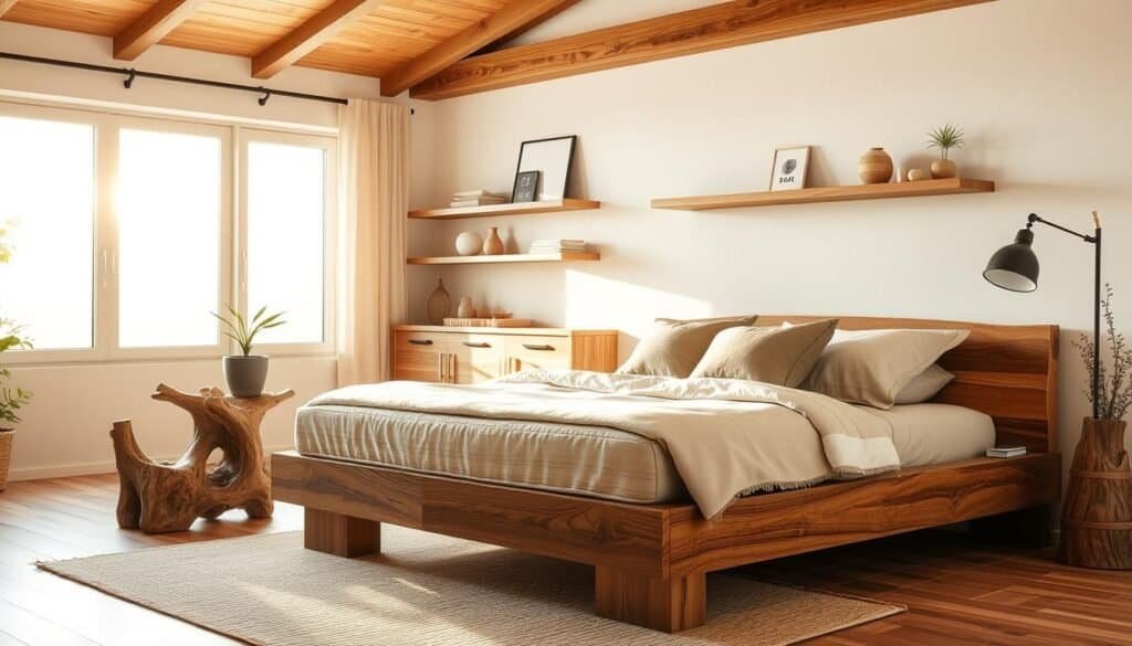 A serene and cozy bedroom design featuring sustainable wood elements. In the foreground, a beautifully crafted wooden bed made from reclaimed timber, adorned with soft, neutral linens and eco-friendly cushions. To the left, a rustic bedside table made from driftwood, holding a small potted plant that adds a touch of greenery. In the middle, a large window welcomes bright, natural light, casting warm, soft sunlight across the room, enhancing its calm and restful atmosphere. In the background, wooden shelving displays tasteful, minimalistic decor. The overall scene is airy and well-lit, conveying tranquility and sustainability, with a focus on natural materials and harmonious design.