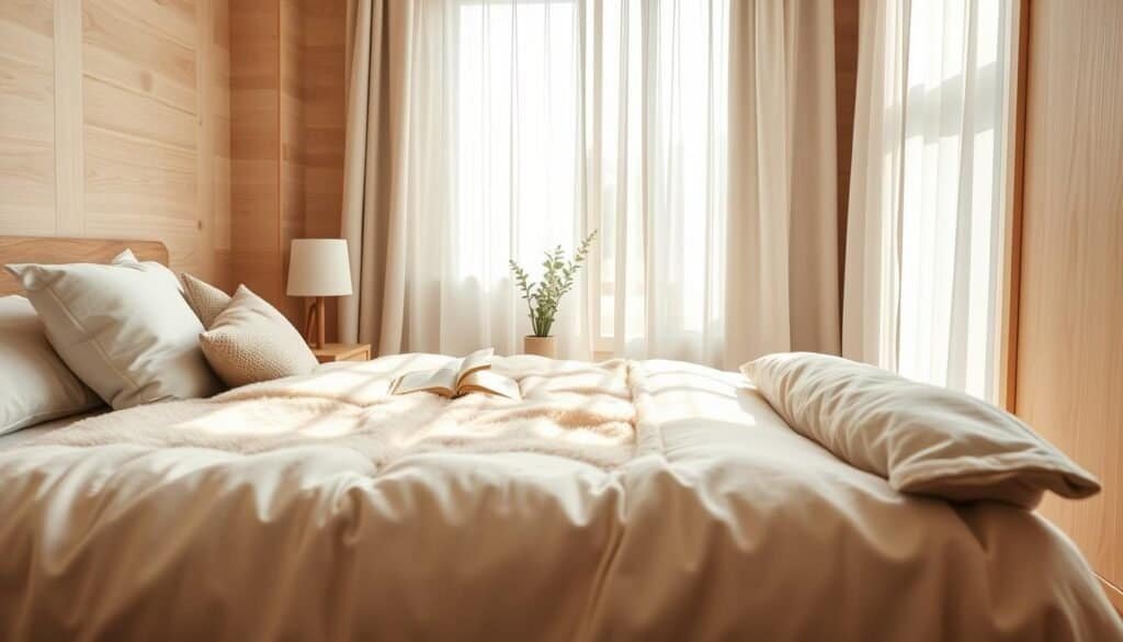 A serene and cozy bedroom featuring natural wood tones, with soft textures that exude warmth and tranquility. In the foreground, a plush, neutral-toned bed is adorned with layered blankets and accent pillows, inviting relaxation. The middle area displays a simple wooden nightstand with a minimalistic lamp, a small potted plant, and an open book, emphasizing a clutter-free aesthetic. The background reveals a large window draped with sheer curtains, allowing bright natural light and soft sunlight to fill the space, casting gentle shadows. The walls may feature a light wood paneling, complementing the overall theme. The atmosphere should feel airy, calm, and inviting, perfect for creating a tranquil retreat. The shot is captured from a slightly elevated angle to offer a complete view of this peaceful setting.