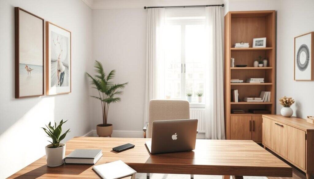 A serene and elegant home office interior featuring a stylish wooden desk with minimalist decor. In the foreground, a neatly organized workspace includes a laptop, a potted succulent, and a classic notepad. The middle ground showcases a comfortable, ergonomic chair upholstered in soft fabric, positioned beside the desk. The walls are adorned with subtle pastel artwork and a large window allowing abundant soft sunlight to pour in, creating an airy atmosphere. In the background, shelves with carefully curated books and minimalistic decor elements enhance the calming effect. The overall lighting is bright, emphasizing the tranquillity of the space, captured from a slightly elevated angle to highlight both the desk and the inviting window view. The mood is peaceful and inspiring, perfect for focused productivity without overwhelming clutter.