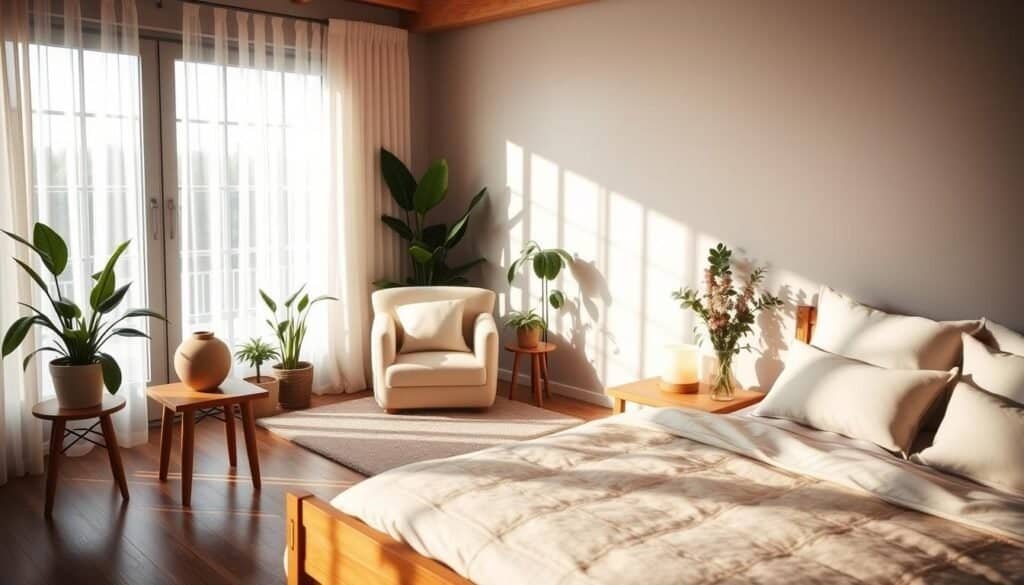 A serene and inviting bedroom designed with natural elements, featuring a wooden bed frame adorned with soft, neutral-toned bedding. In the foreground, a small wooden nightstand holds a ceramic lamp emitting warm, soft light. The middle ground showcases a cozy reading nook with an oversized armchair and a small side table, surrounded by potted plants that bring greenery indoors. A large window in the background allows bright, airy natural light to filter through sheer curtains, casting delicate shadows on the wooden floor. The atmosphere is calm and grounded, invoking a sense of tranquility and comfort, perfect for unwinding at the end of the day.