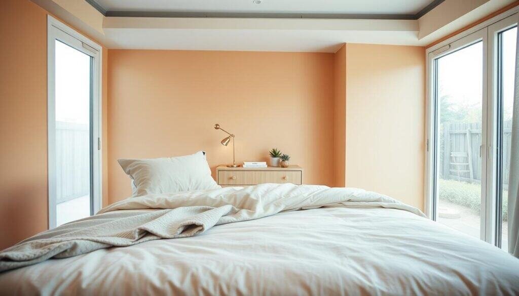 A serene and inviting bedroom interior that embodies "comfort without clutter." In the foreground, a neatly made bed with a soft, neutral-toned quilt and a couple of plush, cloud-like pillows. Add a subtle throw blanket draped casually over one corner. In the middle, a small, minimalist nightstand holds a simple lamp, a few beautifully arranged succulents, and a well-placed book. The walls are painted in warm, calming hues, and the overall décor is sleek and understated. In the background, large windows allow soft, natural light to filter in, illuminating the space with a gentle, airy feel. The atmosphere is tranquil and soothing, encouraging a sense of peace and comfort while avoiding heavy decorations or visual clutter.