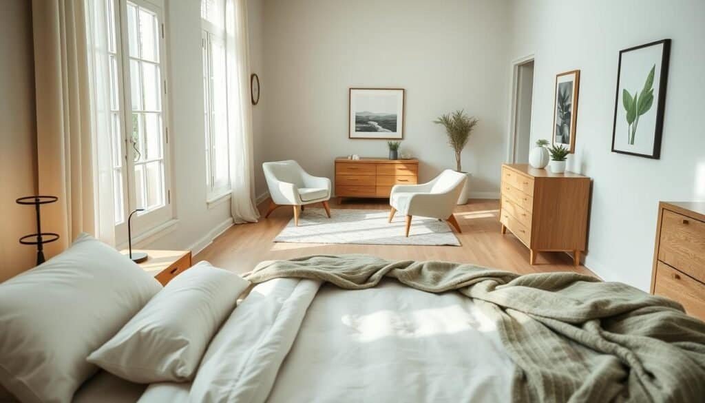 A serene and inviting bedroom layout with soft, natural lighting streaming through large windows, showcasing calming colors like pastel greens, gentle blues, and warm whites. The foreground features a neatly made bed with plush pillows and a cozy throw blanket, inviting relaxation. To the side, a sleek wooden nightstand holds a small potted plant and a softly glowing lamp. In the middle, a comfortable reading nook with an armchair and a soft rug enhances the space’s tranquility. The background reveals a minimalist dresser and tasteful wall art that evokes a sense of harmony. The overall atmosphere is peaceful and grounded, emphasizing a supportive bedroom environment perfect for ending the day. The composition is captured from a wide angle, providing a full view of the harmonious layout.