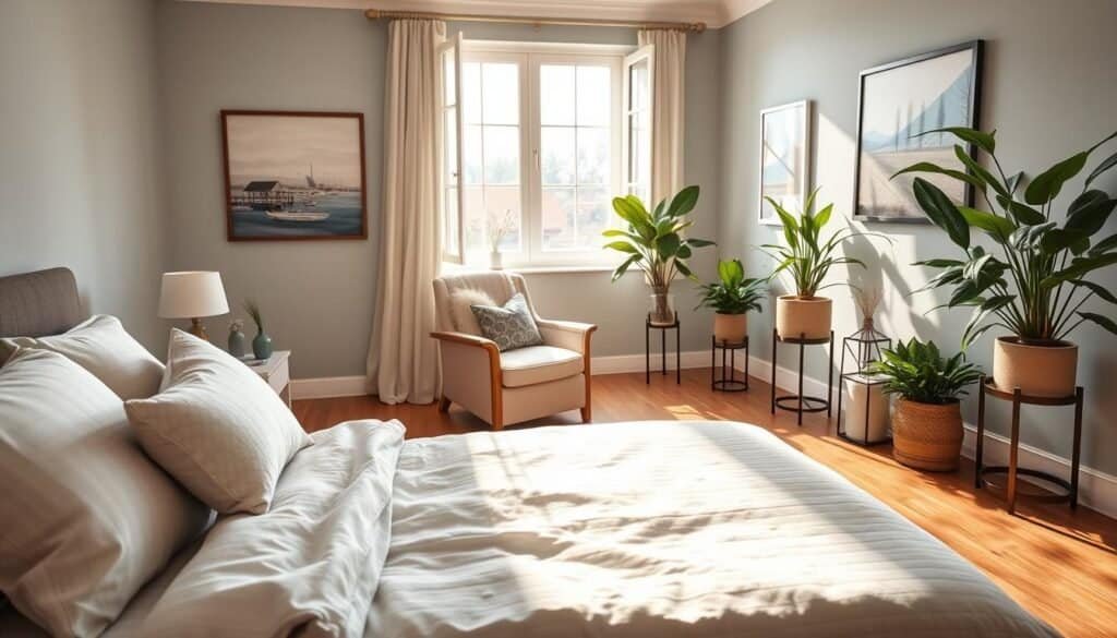 A serene and inviting bedroom scene designed to promote relaxation and tranquility. In the foreground, a plush, neatly made bed with soft, neutral-toned bedding and several decorative pillows. A cozy armchair draped with a light throw is positioned beside a small wooden bedside table holding a soothing lavender candle. In the middle, a large open window allows bright, natural light to filter in, casting gentle shadows on the polished wooden floor. In the background, calming wall colors, like soft blues and greens, complement tasteful artwork depicting nature. Add lush indoor plants in stylish planters to enhance the fresh, airy atmosphere. The mood is peaceful and soothing, ideal for winding down, with soft sunlight illuminating the space, creating an inviting and serene environment.