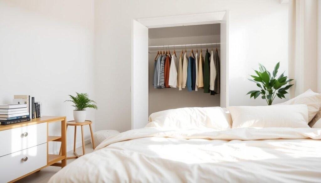 A serene and inviting bedroom scene focused on decluttering tips. In the foreground, a neatly made bed with soft pastel-colored bedding, surrounded by a couple of minimalist decorative pillows. On one side, a stylish wooden bedside table with a small, organized collection of books and a green houseplant. In the middle, an open closet showcasing a well-arranged selection of clothing on hangers, with empty space for breathing room. The background features a bright window allowing soft, natural sunlight to pour in, illuminating the space with a warm glow. The walls are painted in soothing, neutral tones, creating an airy atmosphere. Overall, the mood evokes calmness and simplicity, inviting viewers to embrace the concept of decluttering for a cleaner foundation in their bedroom.