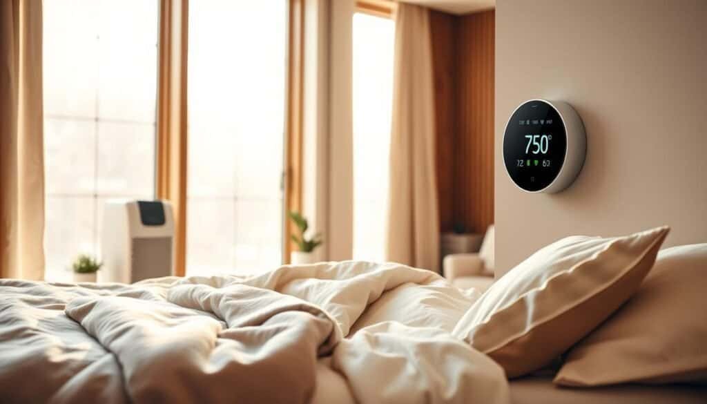 A serene and inviting bedroom scene focusing on temperature control, featuring a sleek, modern digital thermostat mounted on the wall. In the foreground, a cozy bed with soft, layered linens in calming neutral tones, accented by a plush, oversized throw blanket. To the side, a stylish air purifier subtly blends with elegant bedside decor, such as a small potted plant and a softly glowing lamp. The middle ground showcases large windows allowing soft, diffused sunlight to wash over the room, enhancing the warm and calming atmosphere. The background reveals a tastefully furnished space with wooden accents, evoking a sense of safety and comfort. The lighting is bright and airy, contributing to a feeling of tranquility and relaxation, perfect for promoting deeper rest.