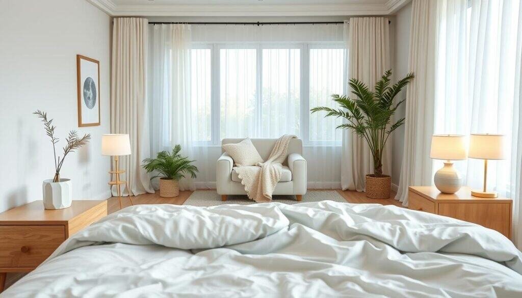 A serene and inviting bedroom scene that captures the essence of tranquility. In the foreground, soft bedding in calming shades of pale blue and creamy white accentuates a plush, inviting bed. On either side, minimalist wooden nightstands hold simple, lush green plants and stylish lamps emitting a warm glow. The middle of the room features a cozy reading nook with an oversized armchair and a delicate throw blanket, surrounded by a pastel color palette. In the background, large windows allow bright, natural light to flood the space, highlighting light, airy curtains. The atmosphere conveys a sense of relaxation and comfort, perfect for unwinding after a long day, with a focus on realistic home décor that enhances the cozy retreat vibe.