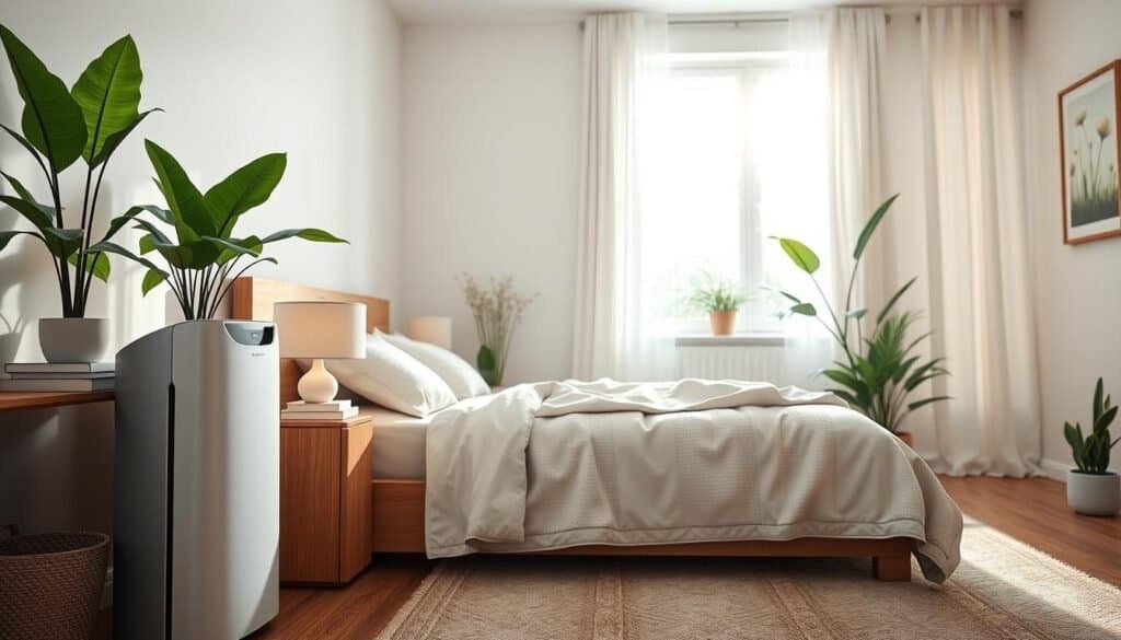 A serene and inviting bedroom, showcasing a stylish air purifier and potted plants, highlighting their role in improving air quality. In the foreground, a sleek, modern air purifier sits beside a wooden nightstand adorned with a softly glowing lamp and a small stack of books. The middle ground features a large window allowing bright, natural sunlight to flood the room, illuminating a neatly made bed with textured linens in soft pastels. In the background, calming artwork hangs on the walls, while light curtains billow gently with the breeze, evoking a fresh atmosphere. Emphasize airy and well-lit settings with soft sunlight filtering through, creating a peaceful and rejuvenating mood. The overall ambiance should feel tranquil and inviting, promoting well-being.