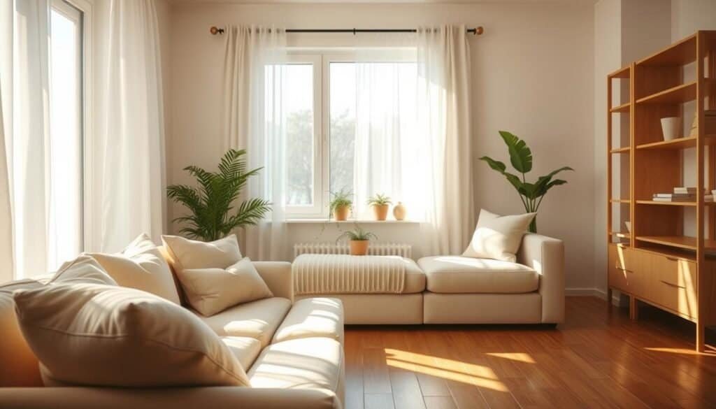 A serene and inviting living room bathed in bright, natural light. In the foreground, a cozy, plush sofa adorned with soft, neutral throw pillows creates a welcoming space. The middle ground features a large window framed with sheer white curtains, allowing soft sunlight to filter in, casting gentle shadows on the hardwood floor. A few potted green plants add a touch of nature. In the background, simple wooden shelving displays minimalistic decor, enhancing the airy atmosphere. The lighting is warm and soft, creating a calming mood. The angle captures the room from slightly above, emphasizing the spaciousness and flow of natural light throughout the space. This image conveys tranquility and the peacefulness of a well-lit home environment.