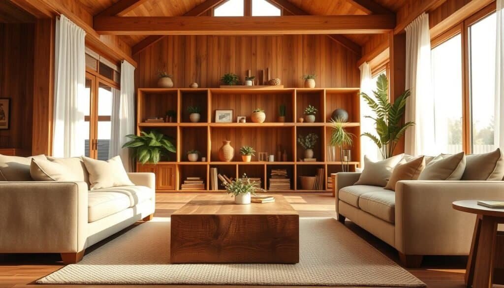 A serene and inviting living room that showcases the timeless appeal of wood, featuring a cozy, plush sofa in neutral tones with soft cushions. In the foreground, a chunky wooden coffee table with a natural finish sits on a light, textured area rug. The middle ground reveals open shelving displaying carefully curated wooden decor pieces and indoor plants, creating an organic feel. In the background, large windows allow bright natural light to flood the space, casting soft shadows on the warm wooden beams and walls. The atmosphere is calm and relaxed, enhanced by the gentle glow of soft sunlight filtering through sheer curtains. The overall composition should reflect a harmonious blend of comfort and elegance, embodying a perfect retreat for relaxation.