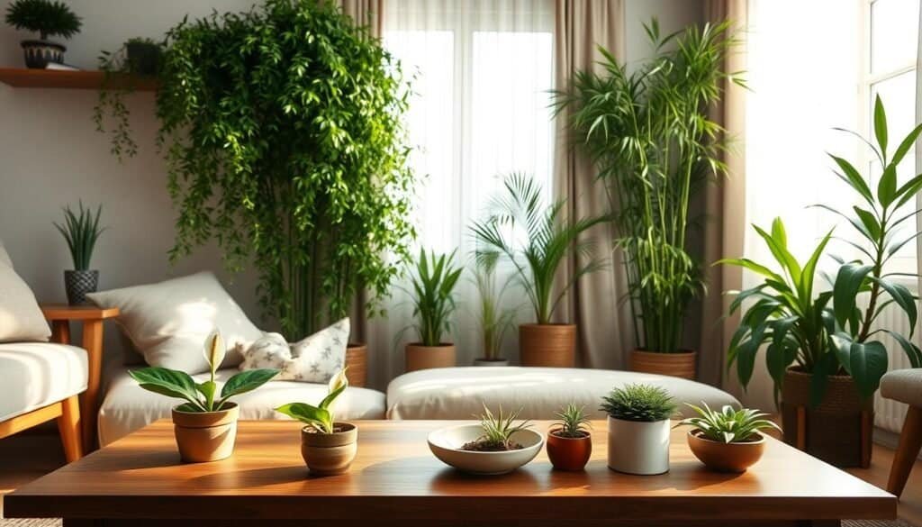 A serene and inviting living space featuring a variety of feng shui remedies using plants. In the foreground, a stylish wooden coffee table adorned with small potted succulents and a peace lily, symbolizing tranquility. The middle section showcases a large fern cascading from a shelf, alongside bamboo stalks promoting positive energy flow. In the background, a sun-soaked window draped with sheer curtains allows soft sunlight to spill into the room, illuminating the greenery and creating a warm atmosphere. The overall mood is peaceful and rejuvenating, with a focus on natural elements and harmonious design. The scene captures the essence of balancing energy in a home, with a perspective that invites the viewer to feel the lightness and freshness brought by the plants.