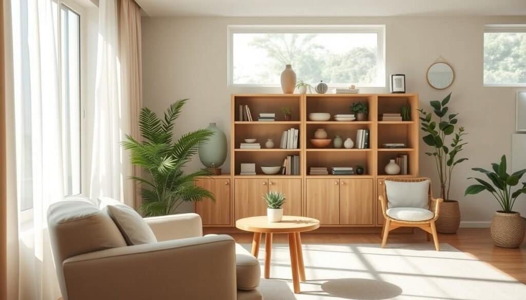 A serene and inviting low energy room interior, featuring a soft color palette of greens and neutrals. In the foreground, a cozy seating area with a plush armchair and a small wooden table adorned with a small potted plant. The middle ground showcases a well-organized bookshelf filled with calming décor and natural elements. The background captures a large window allowing bright, natural light to fill the space, enhancing the airy atmosphere. Soft sunlight filters through sheer curtains, creating gentle shadows and highlighting the wooden textures of the furniture. The overall mood is tranquil and restorative, emphasizing a sense of calm and encouraging positive energy flow in the room.