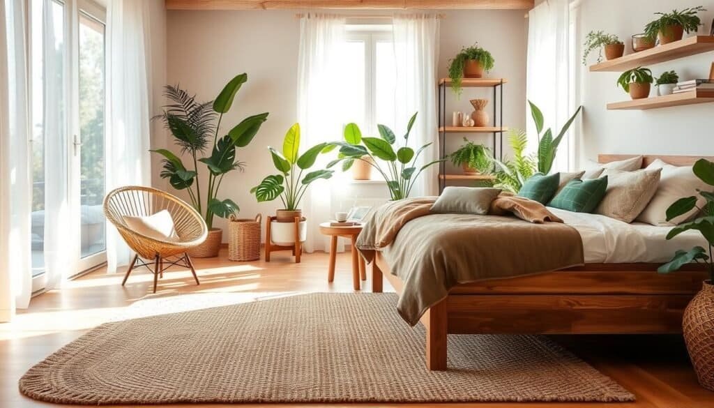 A serene and inviting natural-themed bedroom showcasing a harmonious blend of textures. In the foreground, a plush, woven area rug in earthy tones complements a beautifully crafted wooden bed frame, adorned with soft, neutral linens and an assortment of green, leafy throw pillows. The middle area features a cozy reading nook with a rattan chair beside a small wooden side table holding a steaming cup of tea and a well-thumbed book. In the background, large windows allow bright, soft sunlight to filter through sheer, white curtains, illuminating indoor plants and natural wooden shelves filled with decorative items. The overall atmosphere is tranquil and rejuvenating, evoking a sense of calmness and connection to nature, perfect for breathing life back into a flat and uninviting space.