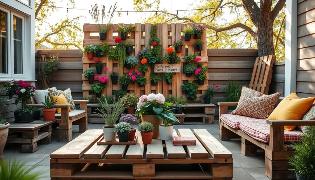 A serene and inviting patio scene showcasing various DIY pallet projects. In the foreground, a wooden pallet coffee table adorned with potted plants and rustic decor items, surrounded by pallet seating with colorful cushions. The middle features a weathered pallet vertical garden, lush with greenery and vibrant flowers invitingly arranged. In the background, a soft, sunlit sky filters through gentle tree branches, casting warm light across the entire scene. Capture the essence of a cozy, budget-friendly space with a focus on handmade wood elements, emphasizing craftsmanship and creativity. Use warm, natural lighting and a slightly elevated angle to enhance the inviting atmosphere, making it feel like a perfect gathering spot. The overall mood should be warm and homely, reflecting comfort and creativity.
