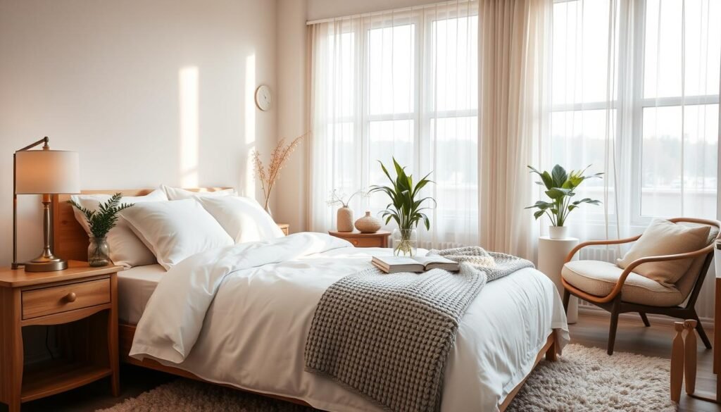 A serene and restful bedroom, featuring a cozy, neatly made queen-sized bed with soft, fluffy white linens and a light gray knitted throw blanket. In the foreground, a wooden nightstand holds a small potted plant and an elegant lamp casting a warm, inviting glow. In the middle, a plush area rug softly frames the bed, while a comfortable reading chair with a soft cushion invites relaxation. The background showcases large windows with sheer curtains, allowing soft sunlight to filter in, illuminating the space with a bright, airy feel. Incorporate peaceful, natural elements like indoor plants and minimalist décor to evoke a sense of calm. The overall atmosphere should be tranquil and soothing, perfect for unwinding after a long day. Use a warm color palette for enhancing the cozy mood.