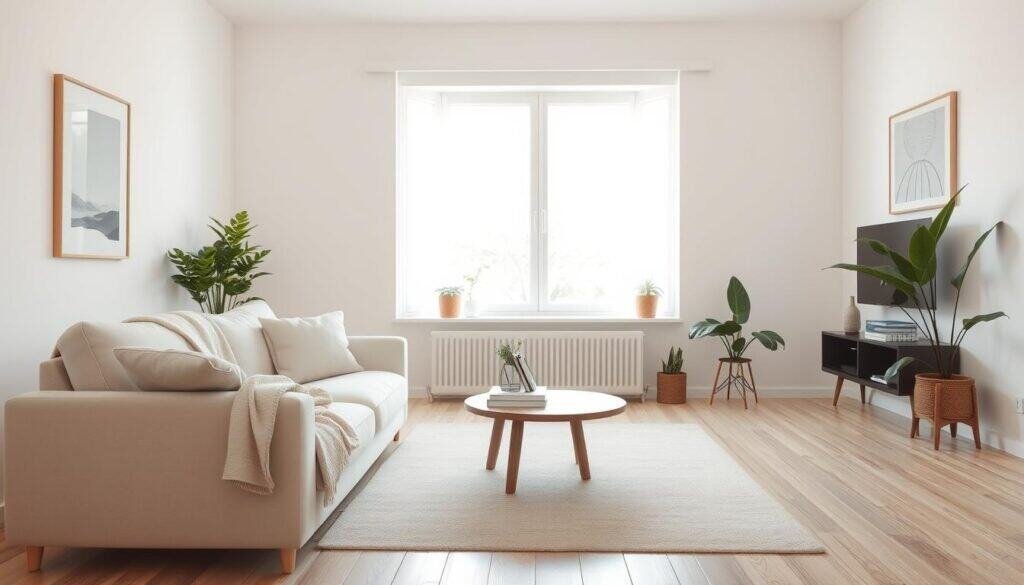 A serene and simple living room designed for comfort and tranquility. The foreground features a soft, plush sofa in light beige with a cozy throw blanket casually draped. Next to the sofa, a small, round wooden coffee table holds a few neatly arranged books and a small plant. In the middle, a tasteful area rug anchors the space, adding warmth. The background reveals light-colored walls adorned with minimalistic artwork and a large window, inviting bright, natural light that bathes the room in soft sunlight. Potted plants add a touch of greenery, enhancing the peaceful atmosphere. The lighting is soft and airy, creating a welcoming and uncluttered environment. The angles are wide, capturing the entire room, emphasizing simplicity and organization.