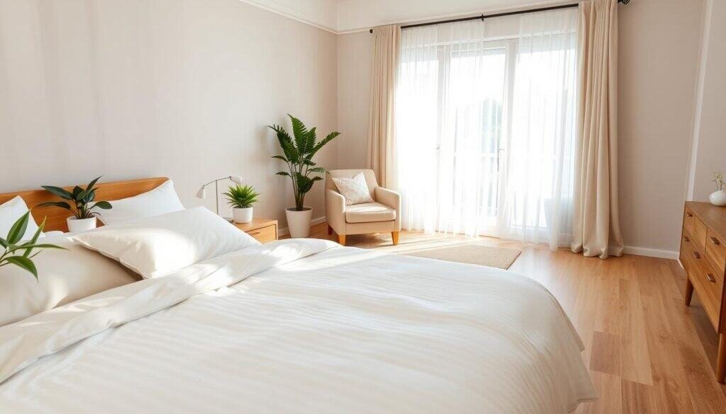 A serene and spacious bedroom showcasing an optimal furniture arrangement that promotes energy flow. The foreground features a neatly made bed with soft, neutral-toned linens, accented by lush green plants on nightstands. The middle of the room includes a cozy armchair positioned near a large window, allowing bright natural light to fill the space, enhancing a feeling of openness. In the background, light wood flooring adds warmth, while soft sunlight filters in through sheer curtains, creating a calm ambiance. The composition is taken from a slightly elevated angle, emphasizing the flow of energy and light within the room. The overall mood is tranquil and inviting, highlighting a harmonious balance in home décor that fosters relaxation and comfort.