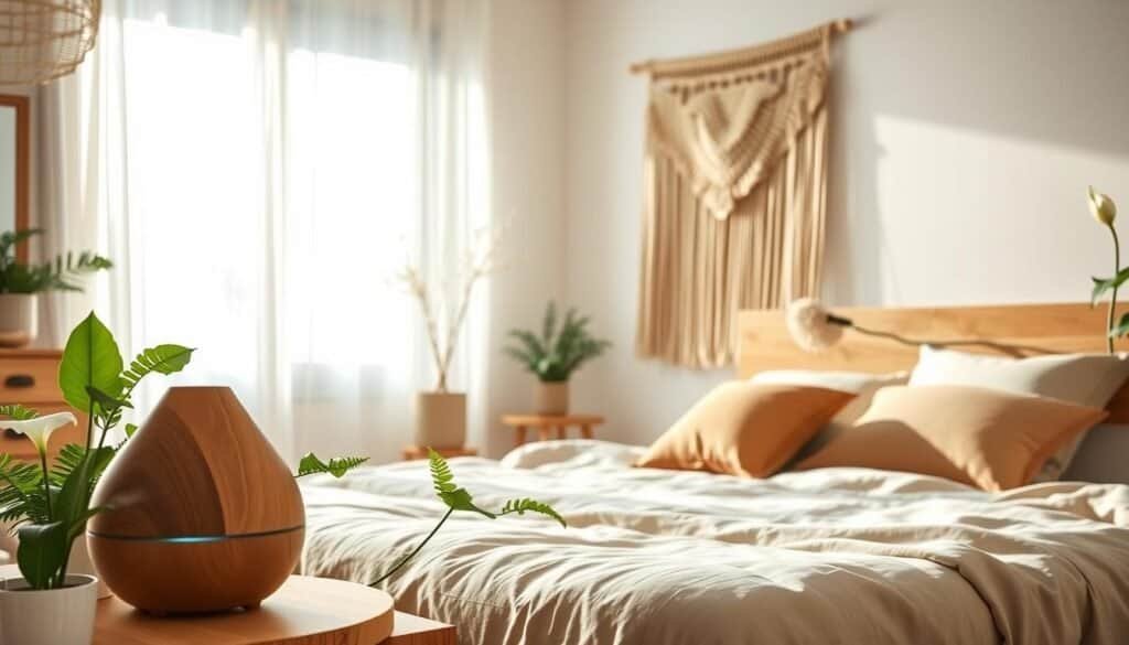 A serene and tranquil bedroom scene featuring natural sound masking techniques. In the foreground, a stylish wooden diffuser emits gentle wisps of steam, surrounded by calming potted plants like ferns and peace lilies. The middle ground showcases a plush bed with soft, earth-toned linens and cozy throw pillows, while a delicate sound-absorbing wall hanging made of natural fibers adds texture. In the background, a large window invites bright, soft sunlight, illuminating the space and creating an airy atmosphere. Natural wooden furniture complements the peaceful setting, with light filtering through sheer curtains. The overall mood is harmonious and peaceful, designed to evoke a sense of tranquility and serenity. The image is captured with a warm, inviting tone, highlighting the simplicity and beauty of natural elements.