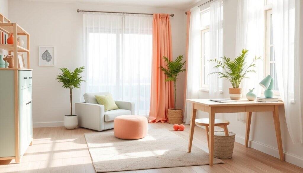 A serene and uplifting color palette for a cozy room, featuring soft pastels and vibrant accents. In the foreground, a well-organized workspace with a light wooden desk and a potted plant, surrounded by decorative items in soothing shades of blue, green, and coral. In the middle, a plush area rug in a subtle pattern complements light-colored furniture, inviting relaxation. The background showcases soft, airy curtains fluttering in a gentle breeze against large windows that allow bright, natural sunlight to fill the space, creating a warm and inviting atmosphere. The composition conveys a sense of lightness and harmony, emphasizing the importance of color in transforming a room's energy.