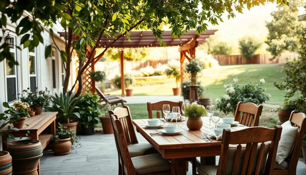 A serene backyard dining area featuring rustic wooden furniture. In the foreground, a beautifully crafted wooden dining table is set with simple, elegant tableware, surrounded by comfortable wooden chairs with plush cushions. The middle ground includes lush greenery, with potted plants and flowering bushes framing the scene, creating a natural vibe. In the background, a gently sloping lawn and a charming wooden pergola draped with soft fairy lights add warmth. The setting is bathed in bright, natural light, soft sunlight filtering through the leaves, creating a warm and inviting atmosphere. The composition is shot from a slightly elevated angle, capturing the cozy gathering space and the inviting ambiance of outdoor entertaining in a lived-in setting.