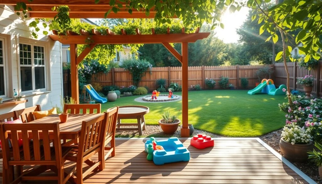 A serene backyard featuring a kid-friendly wooden patio designed for family gatherings. In the foreground, a cozy wooden outdoor dining set surrounded by vibrant cushions, complete with a small play area with colorful toys. In the middle ground, a well-constructed wooden pergola adorned with climbing plants, providing dappled sunlight. Beyond that, a lush green lawn with a safe sandpit and a slide for children, nestled among flowering plants. In the background, a charming wooden fence enhances the privacy of the space, creating a secure environment. The scene is illuminated with bright natural light and soft sunlight filtering through the leaves, evoking a cheerful and inviting atmosphere—ideal for family moments. The composition captures a wide-angle view to encompass the whole setting.