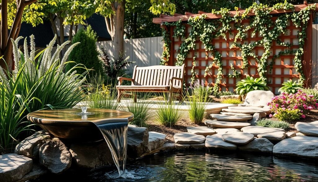 A serene backyard garden showcasing landscaped elements with water features and warm wood accents. In the foreground, a gently flowing stone fountain with clear water creates a calming sound, surrounded by lush green plants and colorful flowers. In the middle ground, a stylish wooden bench invites relaxation, nestled among ornamental grasses and flowering shrubs. Soft sunlight filters through the leaves of nearby trees, casting dappled shadows on the scene. In the background, a neatly arranged wooden trellis displays climbing vines, enhancing the sense of tranquility. The atmosphere is peaceful and inviting, reflecting a harmonious blend of water and wood accents in a beautifully designed outdoor space. The image captures the essence of calm and relaxation in a gardening oasis, taken from a slightly elevated angle to showcase the entire layout.