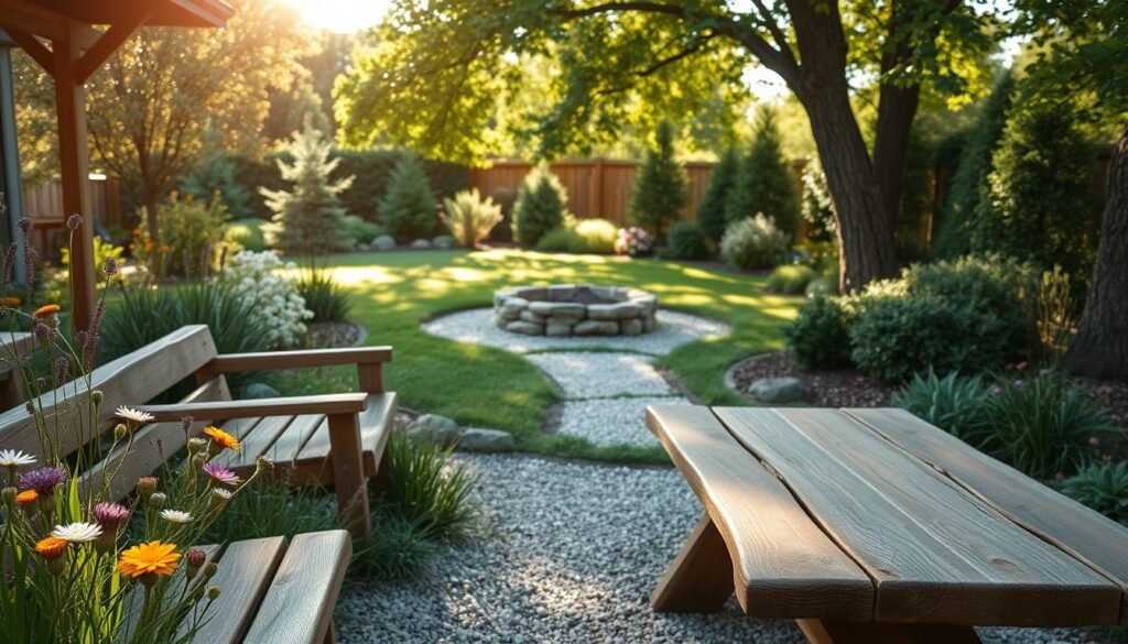 A serene backyard retreat featuring natural wood landscaping, with rustic wooden benches and a handcrafted wooden table in the foreground, surrounded by vibrant green plants and wildflowers. In the middle ground, a soft gravel pathway winds through lush grass, leading to a cozy fire pit made of natural stones. The background showcases a variety of trees and shrubs, creating a shaded haven, with dappled sunlight filtering through the leaves, casting gentle patterns on the ground. The scene is bathed in warm, soft sunlight, invoking a tranquil and inviting atmosphere. The angle of the shot captures the depth of the space, emphasizing the harmony between the wood elements and the surrounding nature.