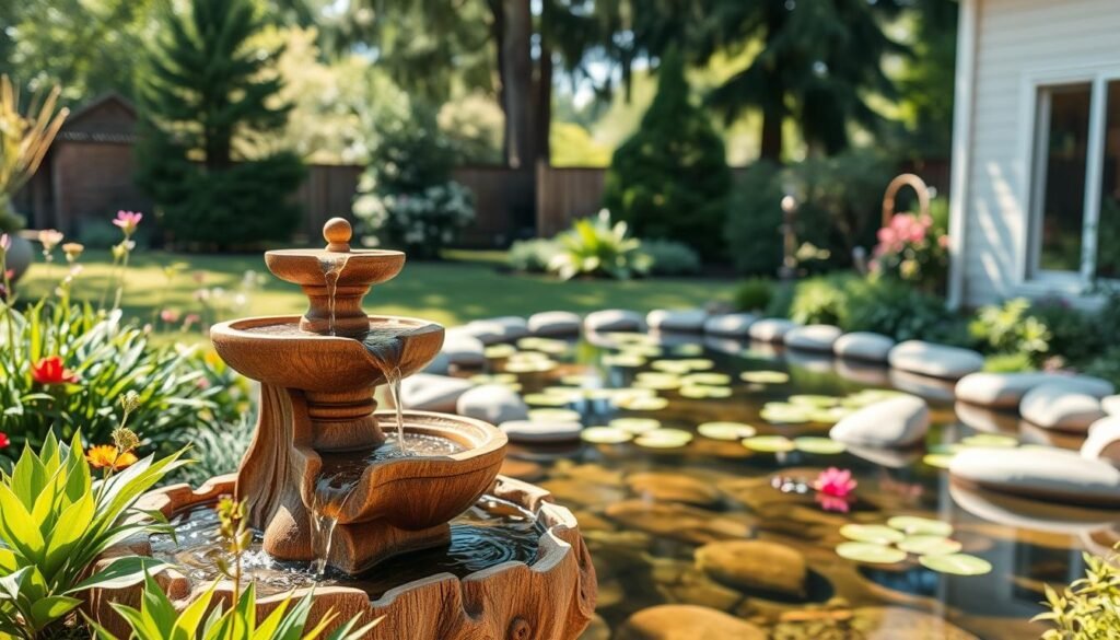 A serene backyard scene featuring a beautifully crafted wooden water feature, designed to blend seamlessly with a sensory garden. In the foreground, a gently flowing wooden water fountain with intricate carvings and natural wood grains reflects soft sunlight. Lush green plants and colorful flowers surround the fountain, enhancing the natural ambiance. In the middle ground, a tranquil pond with smooth stones and floating lily pads adds depth. Behind, tall trees create a soothing backdrop, filtering the sunlight and casting gentle shadows. The overall atmosphere is peaceful and inviting, evoking a sense of relaxation and harmony with nature. Capture this scene with bright, airy lighting to highlight the textures and colors, using a wide-angle lens for a comprehensive view.