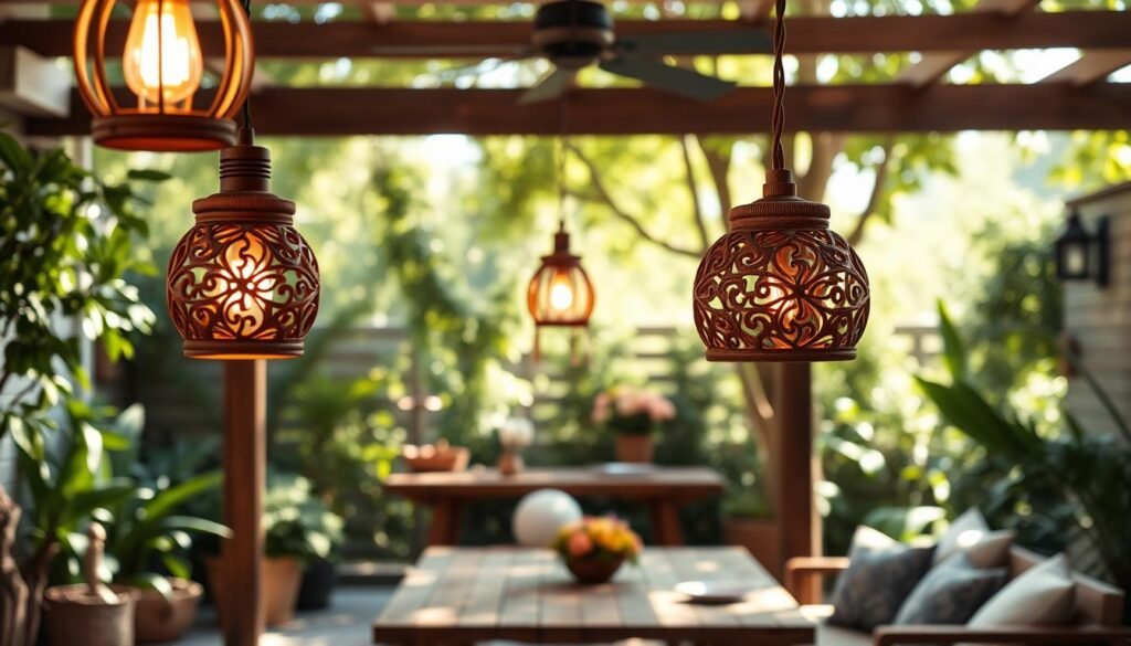 A serene backyard scene featuring elegant wooden lighting elements that exude a natural, lived-in feel. In the foreground, showcase beautifully crafted wooden pendant lights with intricate designs, softly glowing to create a warm ambiance. The middle ground should include a rustic wooden dining table, surrounded by comfortable seating, illuminated by the hanging lights. In the background, lush greenery and subtle floral arrangements add to the peaceful atmosphere, with soft sunlight filtering through the leaves, casting gentle shadows. The scene should convey relaxation and harmony with nature, capturing the essence of outdoor living. Use bright, natural lighting to enhance the warmth and inviting feel. Aim for a realistic photo style, focusing on rich textures and warm colors.