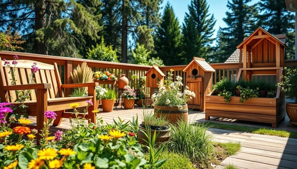 A serene backyard scene showcasing various outdoor wood projects, such as a handcrafted wooden bench, a rustic birdhouse, and a stylish planter box. In the foreground, vibrant flowers and greenery envelop the projects, emphasizing their natural charm. The middle ground features a sun-drenched wooden deck, enhancing the warmth of the atmosphere. In the background, tall trees and a clear blue sky create a tranquil, inviting environment. The image is bathed in bright, soft sunlight, highlighting the rich textures of the wood and the lush colors of the plants. The composition is captured with a slight tilt-shift lens effect to draw focus towards the projects, evoking a sense of creative fulfillment and outdoor serenity.