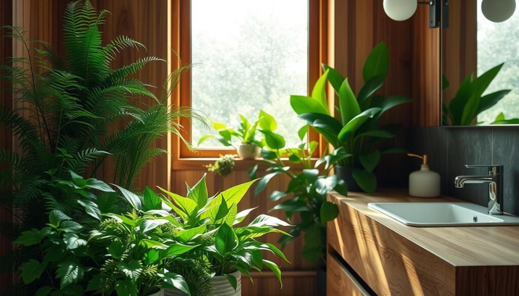 A serene bathroom oasis featuring lush humidity-loving plants nestled among elegant wood accents. In the foreground, a variety of vibrant green plants, such as ferns and peace lilies, thrive in stylish ceramic pots. The middle ground showcases a beautifully crafted wooden counter with natural grain details, complemented by a sleek sink. The background reveals soft natural light streaming through a frosted window, creating a warm and inviting atmosphere. The scene is bathed in soft sunlight, enhancing the wooden textures and the vibrant greens of the plants. Capture this tranquil space from a slightly elevated angle to highlight the interplay between the organic shapes of the plants and the clean lines of the woodwork. The overall mood is calming and revitalizing, perfect for a private retreat.