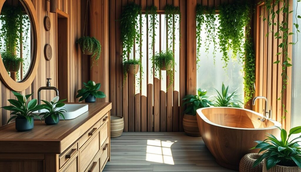 A serene bathroom oasis featuring rich wooden elements and lush, humidity-loving plants. In the foreground, a beautifully crafted wooden vanity with a natural finish, adorned with small potted ferns and peace lilies. Mid-ground displays a freestanding wooden bathtub, with a backdrop of vertical wooden slats and hanging planters overflowing with trailing ivy and spider plants. Soft, diffused natural sunlight streams through a frosted window, creating a warm and inviting atmosphere. The scene captures a sense of tranquility and relaxation, emphasizing the harmonious blend of wood and greenery. The overall composition is airy and well-lit, perfect for showcasing a cozy, nature-infused space.