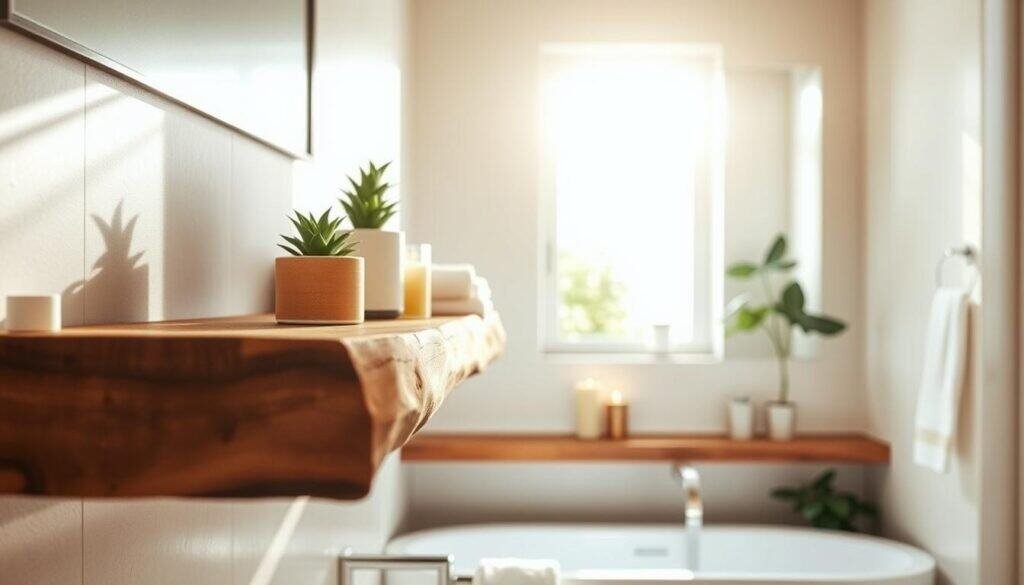A serene bathroom scene showcasing beautifully upcycled wooden shelves. In the foreground, the shelves are crafted from reclaimed wood, featuring unique textures and knots, adorned with small potted plants and elegant bathroom essentials like soft towels and aromatic candles. The middle ground reveals a light, airy bathroom with a large mirror reflecting the natural light streaming in through a window, casting soft shadows. In the background, calming neutral tones create a peaceful atmosphere, complemented by subtle greenery from nearby plants. The warm, soft sunlight enhances the inviting ambiance, while the angle captures both the shelves and the tranquil setting harmoniously. Emphasize a sense of calm and creativity in the repurposing of wood, showcasing the beauty of sustainable design.