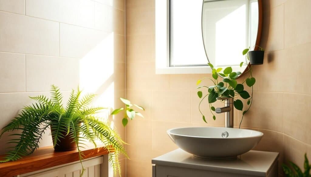 A serene bathroom setting featuring humidity-loving plants such as ferns, spider plants, and pothos luxuriantly arranged around a sleek, modern sink. In the foreground, a vibrant fern cascades over the edge of a wooden shelf, while the middle ground showcases a small potted pothos resting comfortably on a sunlit window sill, with soft shadows dancing across the walls. In the background, lightly textured tiles in soft earth tones complement the overall atmosphere. The scene is illuminated by bright, natural light streaming through the window, creating a fresh and airy ambiance. The overall mood is peaceful and rejuvenating, inviting a sense of tranquility and connection to nature within the bathroom space.