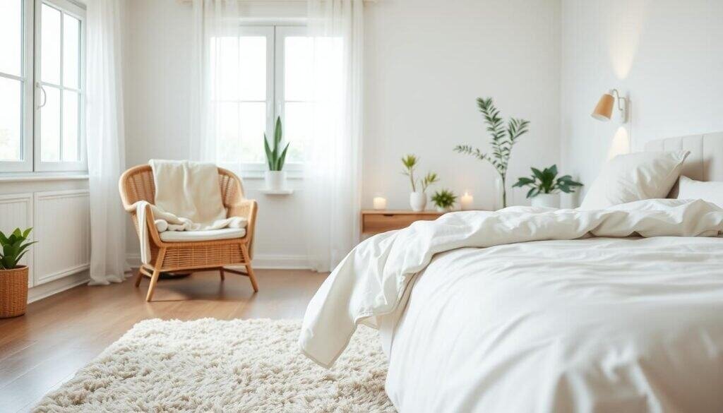 A serene bedroom ambiance designed for relaxation, featuring a neatly made bed with light, breathable linens in soft pastel colors. In the foreground, a plush area rug adds warmth beneath a cozy wicker chair adorned with a soft throw blanket. The middle ground highlights a wooden bedside table with a small succulent and a lit candle, casting a gentle glow. The background showcases a large window allowing bright, soft sunlight to filter in, illuminating the room with an airy feel. A subtle arrangement of houseplants adds a touch of nature, enhancing tranquility. The overall composition conveys a peaceful and inviting atmosphere, evoking a sense of calm and comfort. The scene is captured from a slightly elevated angle, emphasizing the spaciousness and harmony of the space.