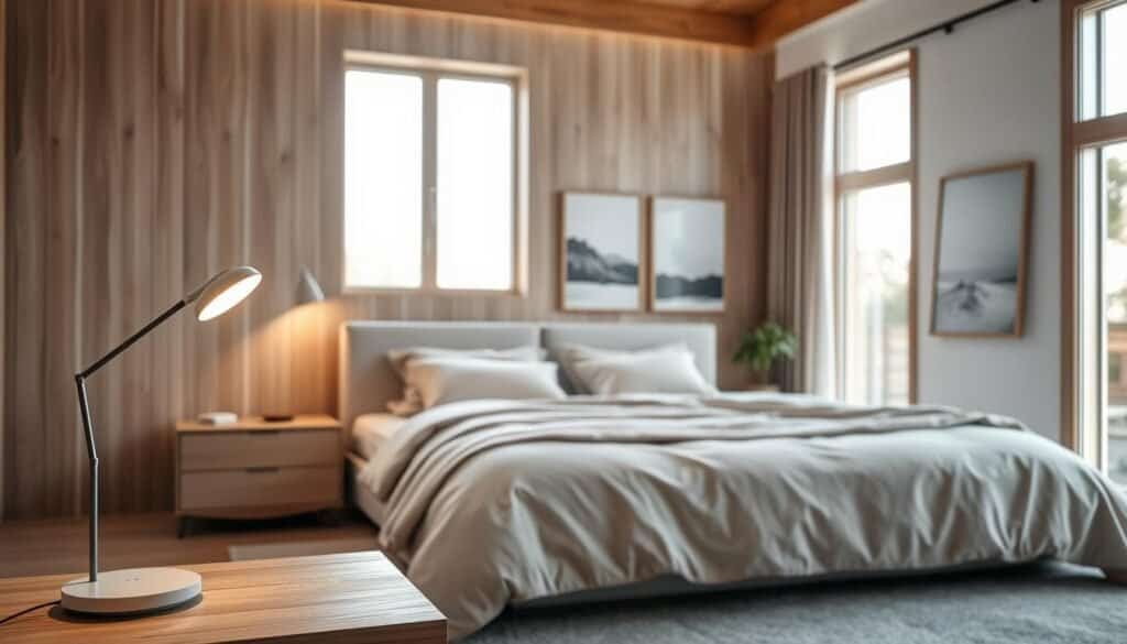 A serene bedroom atmosphere featuring modern lighting design. In the foreground, showcase a sleek nightstand with a minimalist lamp casting a soft, warm glow. The middle ground includes a spacious bed with layered neutral-toned linens, complemented by elegant pillows. A subtle, stylish pendant light hangs above, diffusing gentle light throughout the room. In the background, large windows let in bright natural light, illuminating tasteful wood accents and calming artwork on the walls. The overall color palette is soft and muted, with light wood and pastel hues creating a tranquil setting. The atmosphere conveys peace and relaxation, inviting one to unwind in this beautifully designed space. The scene is captured from a slightly elevated angle, highlighting the seamless blend of functionality and serenity in modern bedroom design.