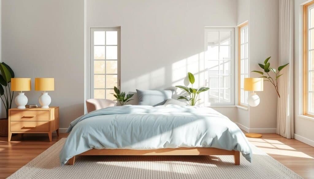 A serene bedroom design emphasizing color psychology for relaxation. In the foreground, a plush bed adorned with soft, light blue and muted lavender pillows rests on a light wooden frame. On either side, elegant nightstands hold simple white lamps with warm yellow shades. In the middle, a cozy armchair in soft gray invites restful reading against a calming pastel tone wall. A textured cream area rug lies beneath, complementing the tranquil atmosphere. In the background, large windows allow bright, natural light to filter in, casting soft sunlight across the room, highlighting wooden accents and green plants adding life. The overall mood is peaceful and inviting, focused on hues that promote relaxation and calm. The image captures an airy, well-lit space, perfect for restful reflection.