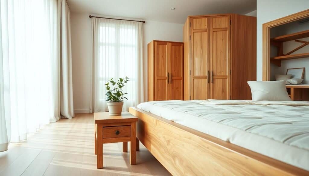 A serene bedroom designed to showcase the natural charm of wood, featuring a beautifully crafted wooden bed frame made from rich, warm oak. Soft linen bedding in neutral tones adds a cozy touch. In the foreground, a rustic wooden nightstand holds a small potted plant, radiating life and freshness. The middle ground reveals a well-lit window draped with sheer curtains, allowing soft sunlight to filter through and create a tranquil atmosphere. Light wooden flooring complements the room's aesthetic, while the background includes a wooden wardrobe and a cozy reading nook with plush cushions. The lighting is bright and airy, enhancing the inviting feel of the space, captured at a slight angle to evoke a sense of comfort and warmth.