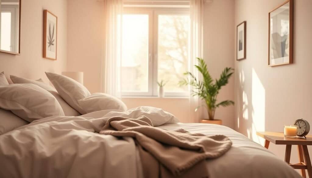 A serene bedroom environment designed to promote relaxation and sleep. In the foreground, a neatly made bed with soft, light-colored bedding, fluffy pillows, and a cozy throw blanket. To the right, a small wooden nightstand with a calming lavender-scented candle and a minimalist clock. The middle ground features a large window allowing soft, warm morning light to stream in, illuminating the room with an inviting glow. The walls are painted in gentle pastel shades, complemented by simple, elegant artwork. In the background, a potted plant adds a touch of nature, enhancing the calming atmosphere. The overall mood is peaceful and tranquil, evoking a sense of comfort and restfulness, perfect for a sleep-inducing space.