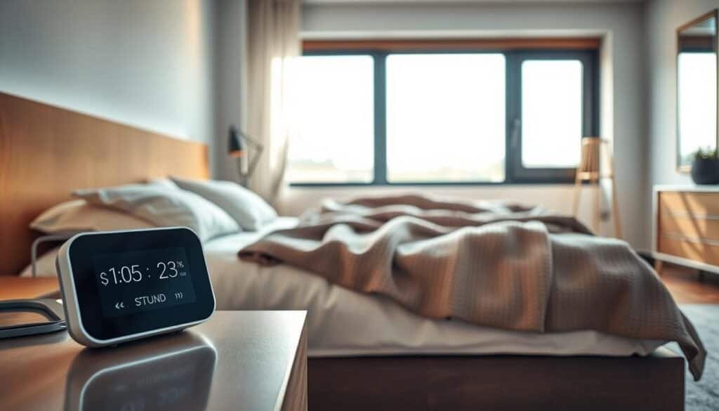 A serene bedroom environment showcasing advanced sleep technology. In the foreground, a sleek, modern smart sleep monitor sits on a bedside table, with soft ambient lighting highlighting its features. The middle ground features a plush, neatly-made bed with a high-quality sound machine emitting gentle white noise. Laid across the bed is a cozy, textured throw blanket, inviting relaxation. In the background, large windows allow bright, natural sunlight to pour in, illuminating the room with a warm glow, complemented by natural wood elements in the décor. The overall atmosphere exudes tranquility and comfort, encouraging a peaceful sleep environment with a focus on innovation and smart design. Capture this scene with a soft focus lens, emphasizing the harmony of technology and comfort in a stylish, inviting space.