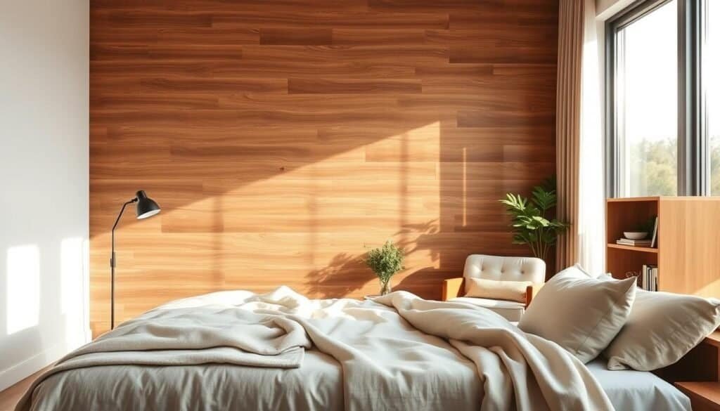 A serene bedroom featuring a striking statement wall, accentuated with textured wood paneling in soft earthy tones. In the foreground, a cozy bed is dressed in natural fabrics, complete with plush pillows and a light throw blanket, emphasizing comfort. The middle ground showcases a stylish armchair next to a small bookshelf, adorned with greenery and soft lighting, creating a welcoming nook. The background reveals large windows bathed in bright, soft sunlight, flooding the space with warmth and radiance. The overall atmosphere is calm and grounded, suitable for relaxation and support. The scene should evoke a sense of tranquility and intentional design, capturing the essence of architectural features that enhance living spaces.