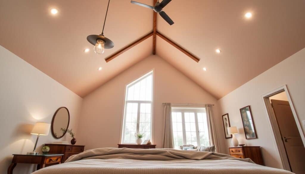 A serene bedroom featuring a vaulted ceiling, adorned with modern pendant lights and recessed lighting that casts a soft, warm glow. In the foreground, a plush, neutral-colored bed is dressed with layered blankets and cushions, inviting relaxation. The middle ground showcases elegant wooden furniture, including a nightstand with a gentle lamp, and a cozy reading nook by a tall window that allows bright, natural light to fill the space. In the background, the high ceiling is accentuated by sleek beams, adding architectural interest. The overall atmosphere is calm and grounding, with a balance of airy openness and intimate comfort, ideal for unwinding at the end of the day. The scene is beautifully lit, capturing the essence of tranquility.