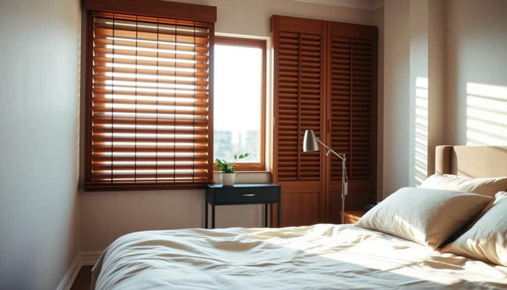 A serene bedroom featuring elegant wooden window treatments, showcasing finely crafted wood blinds that harmonize with the natural light filtering through. In the foreground, the blinds are partially open, allowing soft sunlight to cast gentle shadows on a cozy, neutral-toned bedspread. In the middle ground, a stylish nightstand adorned with a small potted plant complements the wooden theme, while a sleek lamp adds a modern touch. The background showcases calming, muted wall colors that enhance the room's tranquil atmosphere. The lighting is bright yet soft, creating an airy feel, as if inviting relaxation. The overall mood is peaceful and rejuvenating, emphasizing the connection between wood elements and a calming environment. Capture this serene setting from a slight angle to include the elegant window treatments and convey a cozy, inviting ambiance.