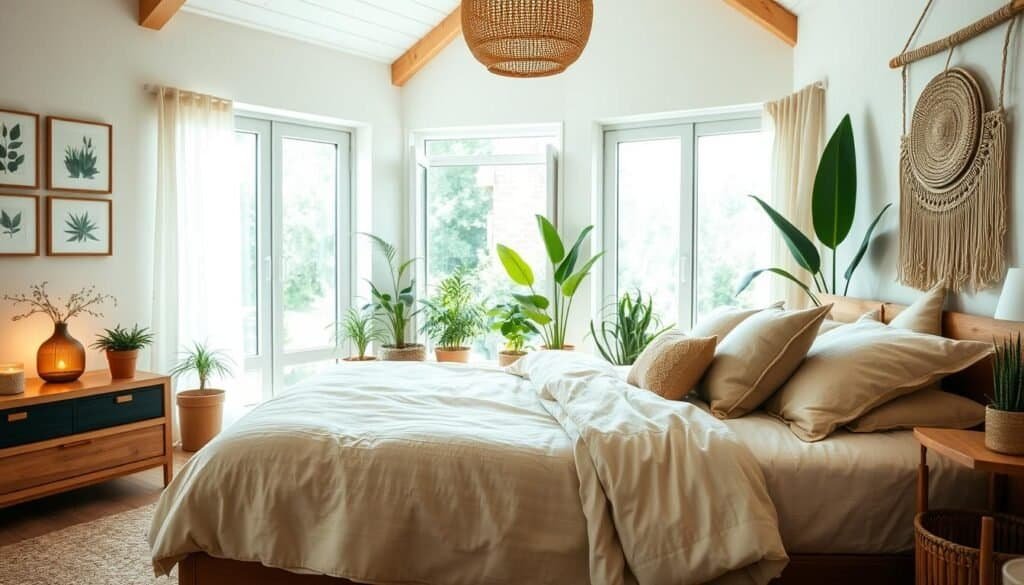 A serene bedroom infused with natural elements, featuring a large bed adorned with soft, earthy-toned linens and plush pillows. In the foreground, a wooden bedside table holds a small potted plant and a warm, glowing lamp. In the middle, large windows allow bright, soft sunlight to stream in, illuminating the space with an airy atmosphere. Decorate the walls with botanical prints and incorporate woven textures, like a jute rug and a macramé wall hanging, to add warmth. In the background, greenery from potted plants adds life, while a view of a tranquil garden is visible through the windows. Use a wide-angle lens to capture the inviting, comforting ambiance, with a soft-focus effect to enhance the mood of warmth and rejuvenation.