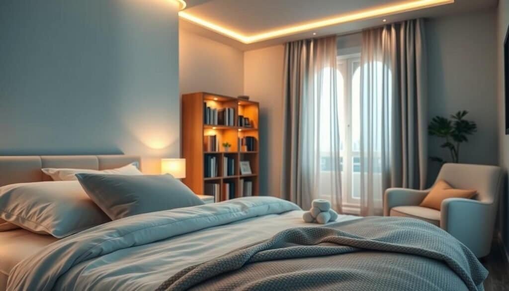 A serene bedroom interior featuring accent lighting that evokes a sense of calm and relaxation. In the foreground, a soft, cozy bed with fluffy pillows and a textured blanket, complemented by bedside tables lit by gentle, warm lamps. In the middle ground, a well-organized bookshelf and a stylish armchair bathed in soft, glow from hidden LEDs. The background shows a softly illuminated window with lightweight curtains fluttering, allowing a hint of natural light to filter through. The overall atmosphere is tranquil and inviting, suggesting a safe haven for rest. Use a wide-angle lens to capture the spaciousness and warmth, emphasizing the soothing color palette of soft blues and warm neutrals.