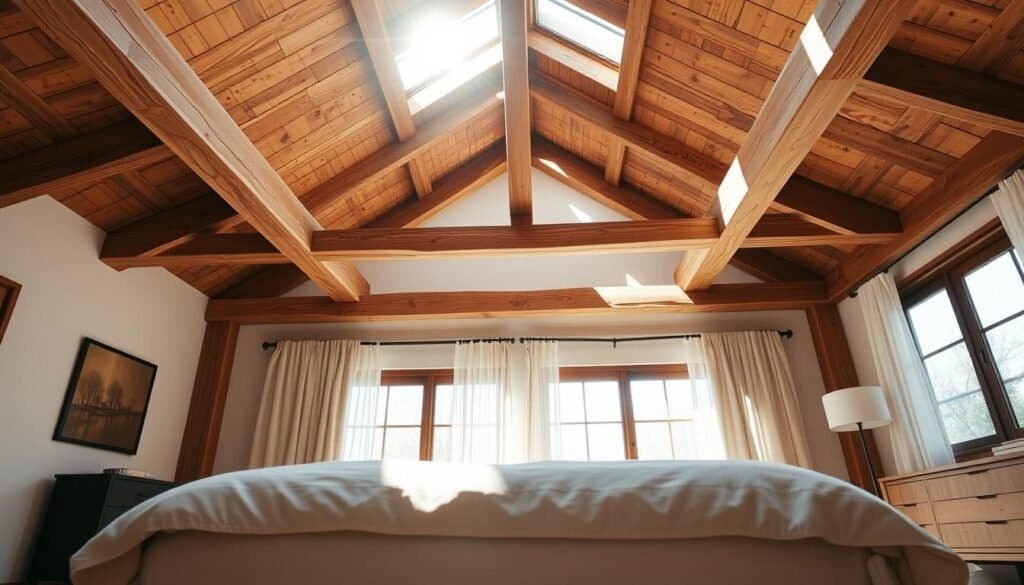 A serene bedroom interior featuring exposed wooden ceiling beams and elegantly designed wooden ceiling treatments. In the foreground, soft, plush bedding in neutral tones and minimalistic decor emphasize a calming atmosphere. The middle section highlights robust, rustic wooden beams that traverse the ceiling, exhibiting intricate craftsmanship and natural grain patterns. The background showcases large windows that allow bright, natural light to filter gently through sheer curtains, illuminating the warm wood tones and enhancing the tranquil ambience. The scene is captured at a wide angle to convey depth, with soft sunlight casting delicate shadows across the floor, creating a welcoming and relaxing environment for rest and rejuvenation.