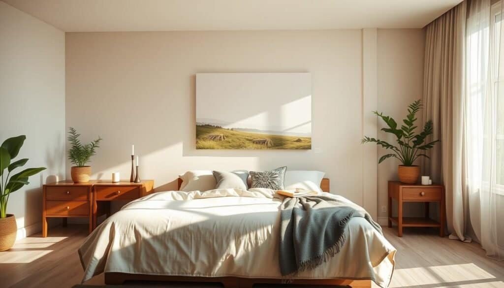 A serene bedroom interior infused with natural elements. In the foreground, a cozy, well-made bed adorned with soft, neutral linens and a decorative throw blanket. Stylish wooden nightstands are topped with potted green plants and delicate candles. The middle of the room features large windows letting in bright, soft sunlight, illuminating the space and casting gentle shadows. A light wood floor contrasts with the room’s earthy tones, while a large, tasteful piece of wall art depicting a serene nature scene is visible in the background. An airy atmosphere is enhanced by flowing sheer curtains. The overall mood is peaceful, inviting, and harmonious, embodying a sense of calm and connection to nature, ideal for relaxation and rejuvenation.