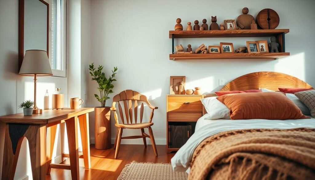 A serene bedroom interior showcasing a collection of beautiful wooden accent pieces and accessories. In the foreground, a handcrafted wooden bedside table with a minimalist design, adorned with a small potted plant and a cozy lamp. The middle ground features a rustic wooden chair beside a window, bathed in soft, natural sunlight, highlighting the wood grain. To the back, a textured wooden shelf displays an array of decorative wooden items, like carved figurines and picture frames. The room is airy and well-lit, with light-colored walls and a plush bedding ensemble, creating a tranquil and peaceful atmosphere. The scene is captured with a wide-angle lens, emphasizing the spaciousness and warmth of the room. A serene bedroom interior showcasing a collection of beautiful wooden accent pieces and accessories. In the foreground, a handcrafted wooden bedside table with a minimalist design, adorned with a small potted plant and a cozy lamp. The middle ground features a rustic wooden chair beside a window, bathed in soft, natural sunlight, highlighting the wood grain. To the back, a textured wooden shelf displays an array of decorative wooden items, like carved figurines and picture frames. The room is airy and well-lit, with light-colored walls and a plush bedding ensemble, creating a tranquil and peaceful atmosphere. The scene is captured with a wide-angle lens, emphasizing the spaciousness and warmth of the room.