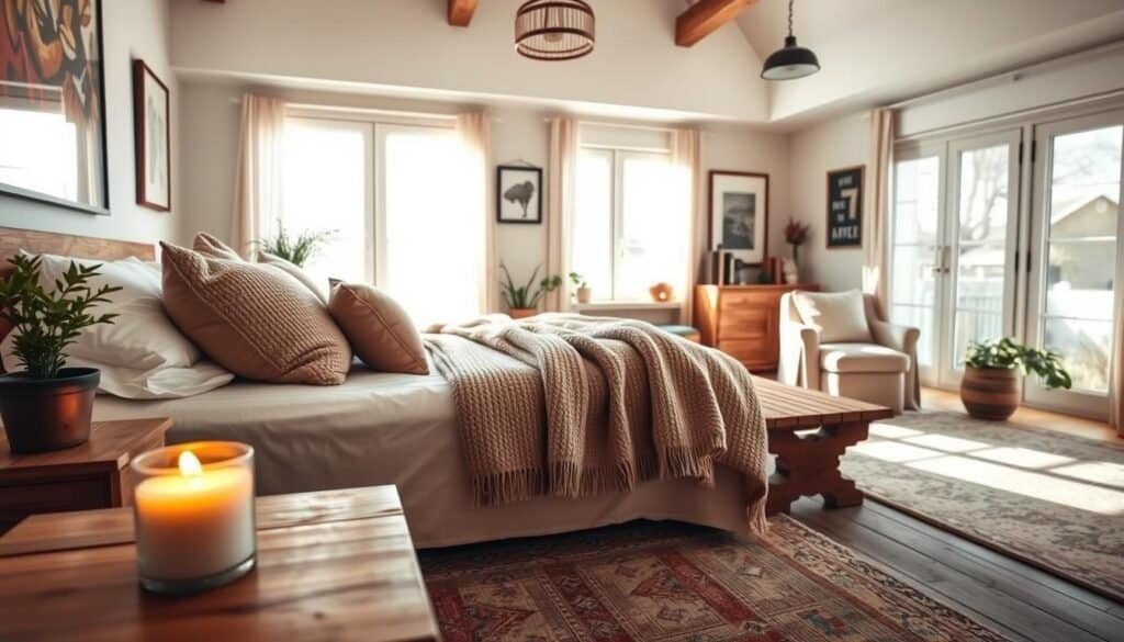A serene bedroom retreat featuring a cozy atmosphere, with a focus on a neatly made bed adorned with soft, textured blankets and plush pillows in calming earth tones. In the foreground, a wooden nightstand holds a glowing candle and a small potted plant. The middle ground showcases a rustic wooden bench and a comfortable reading nook with a plush armchair, surrounded by soft cushions. The background includes large windows that invite soft, bright natural light, casting gentle shadows across the room. The overall mood conveys tranquility and warmth, inviting relaxation. Add decorative elements like framed artwork, indoor greenery, and subtle lighting fixtures to enhance the cozy ambiance. Use a wide-angle lens to capture the spacious feel, emphasizing the airy, well-lit environment.